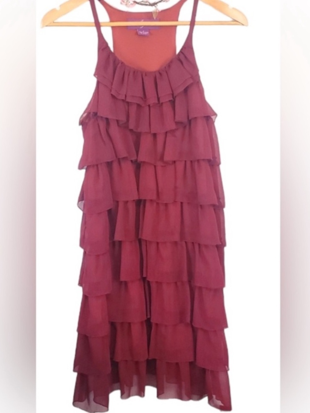 Vintage Argenti Tiered Ruffle Spaghetti-Strap Dress in Burgundy